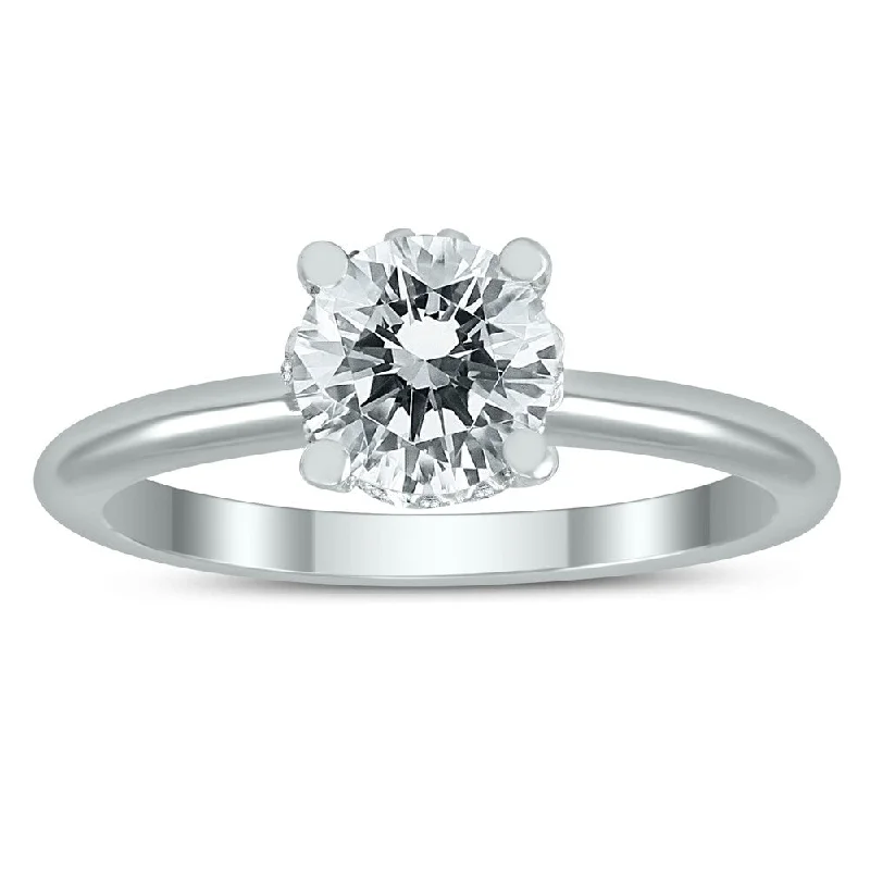 Women’s chunky ring-AGS Certified Diamond Solitaire Crown Ring in 14K White Gold with Side Profile Diamonds