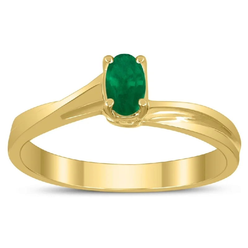 Women’s ruby ring-Solitaire Oval 5X3MM Emerald Gemstone Twist Ring in 10K Yellow Gold