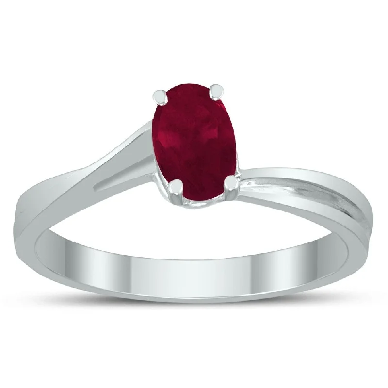 Women’s large gemstone ring-Solitaire Oval 6X4MM Ruby Gemstone Twist Ring in 10K White Gold