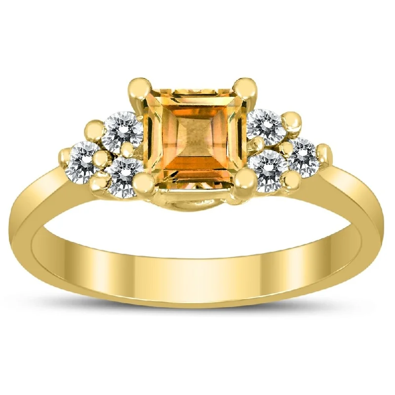 Women’s geometric ring-Princess Cut 5X5MM Citrine and Diamond Duchess Ring in 10K Yellow Gold