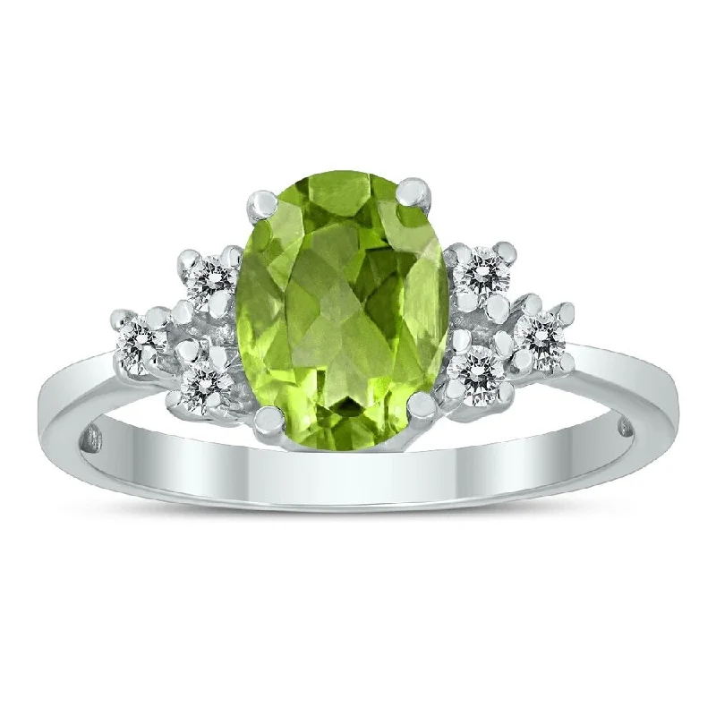 Women’s fashion statement ring-8X6MM Peridot and Diamond Regal Ring in 10K White Gold