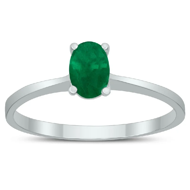 Women’s rose-cut ring-Oval Solitaire 6X4MM Emerald Ring in 10K White Gold