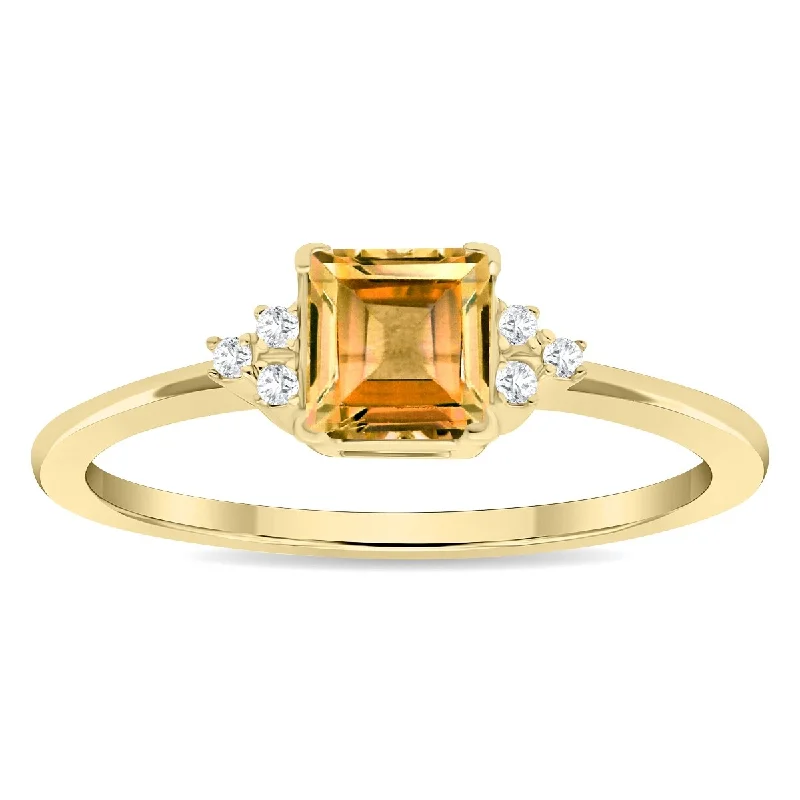 Women’s personalized ring-Women's Square Shaped Citrine and Diamond Half Moon Ring in 10K Yellow Gold