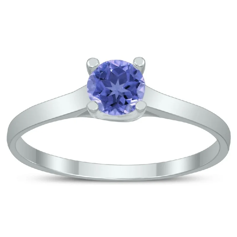 Women’s signet ring-Round 4MM Tanzanite Cathedral Solitaire Ring in 10K White Gold