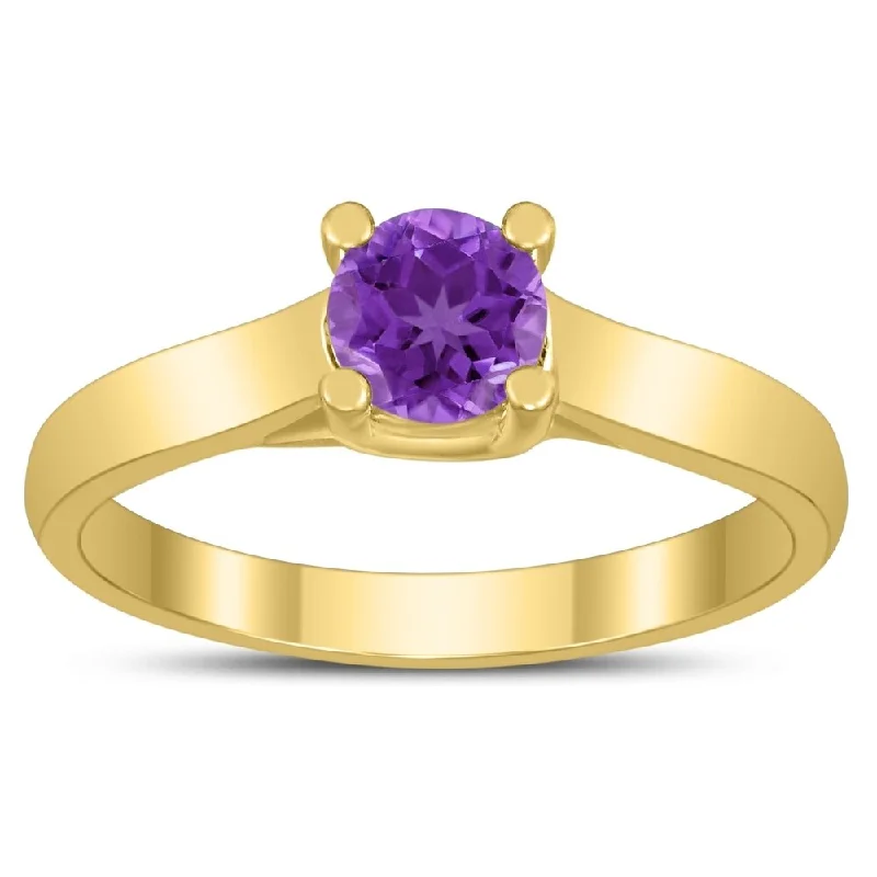 Women’s trendy ring-Round 5MM Amethyst Cathedral Solitaire Ring in 10K Yellow Gold