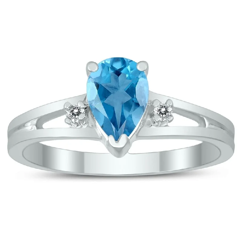 Women’s designer ring-7X5MM Blue Topaz and Diamond Pear Shaped Open Three Stone Ring in 10K White Gold