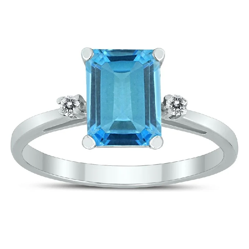 Women’s engagement set ring-Emerald Cut 8X6MM Blue Topaz and Diamond Three Stone Ring in 10K White Gold