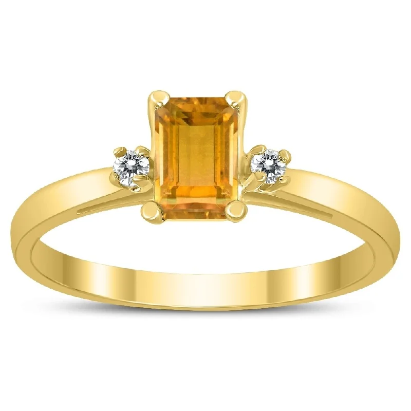 Women’s rose-cut ring-Emerald Cut 6X4MM Citrine and Diamond Three Stone Ring in 10K Yellow Gold