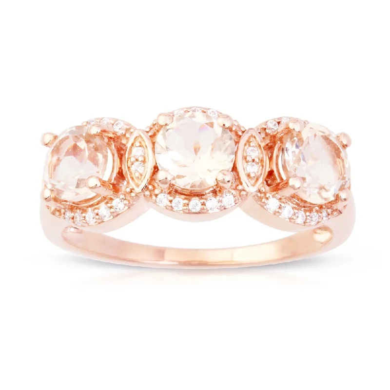 Women’s white gold diamond ring-Morganite Gemstone 1/8ct TDW Diamond Three-Stone Halo Ring in 10k Rose Gold