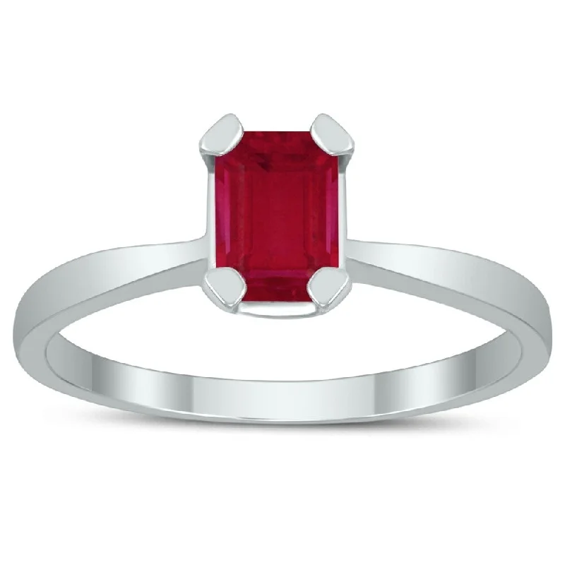 Women’s modern ring-Emerald Shaped 6X4MM Ruby Solitaire Ring in 10K White Gold