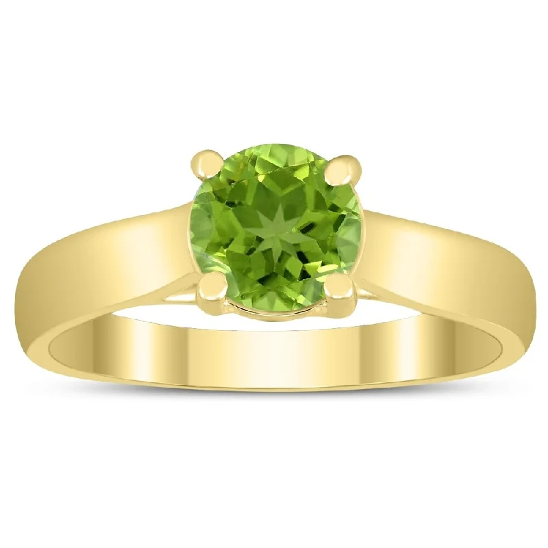 Women’s stackable ring-Round 6MM Peridot Cathedral Solitaire Ring in 10K Yellow Gold