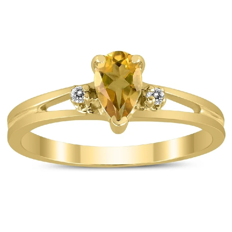 Women’s large ring-6X4MM Citrine and Diamond Pear Shaped Open Three Stone Ring in 10K Yellow Gold