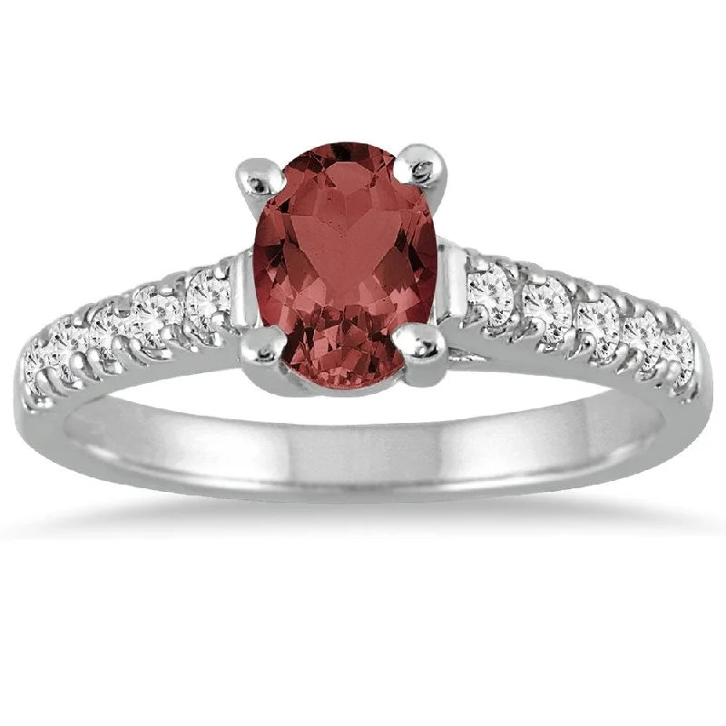 Women’s silver engagement ring-1 Carat Oval Garnet and Diamond Ring in 14K White Gold