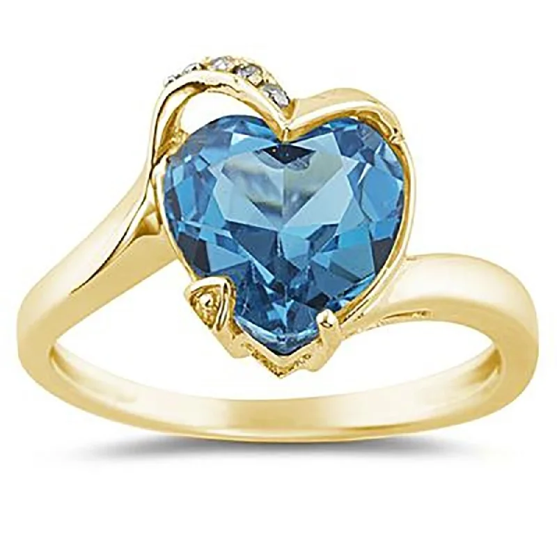 Women’s pearl ring-Heart Shaped Blue Topaz and Diamond Curve Ring in 14K Yellow Gold