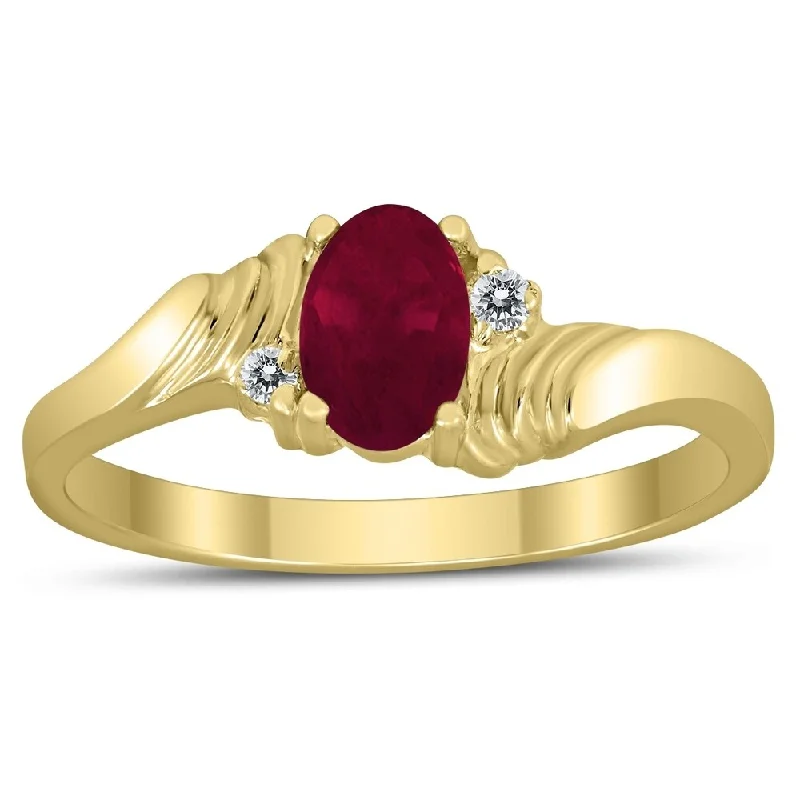 Women’s unique ring-6X4MM Ruby and Diamond Wave Ring in 10K Yellow Gold