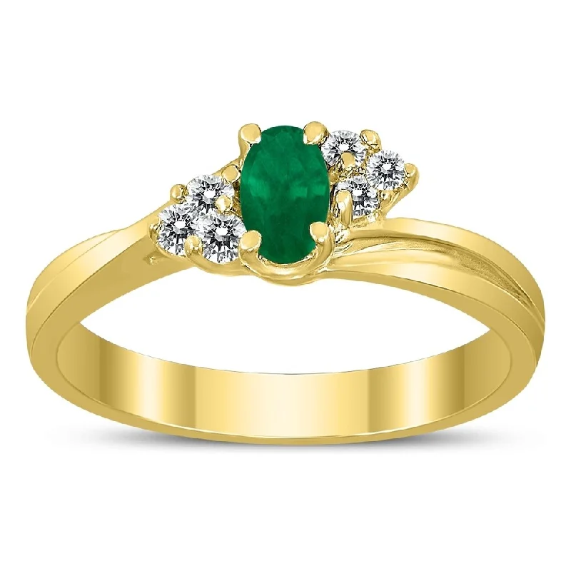 Women’s gemstone stacking ring-5X3MM Emerald and Diamond Twist Ring in 10K Yellow Gold