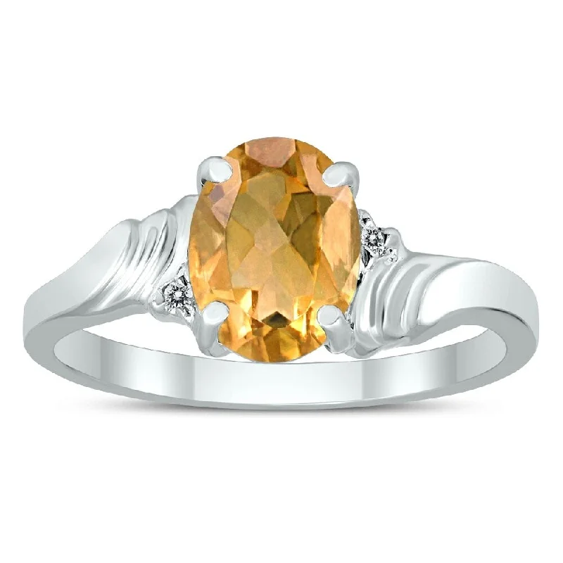 Women’s engraved wedding ring-8X6MM Citrine and Diamond Wave Ring in 10K White Gold