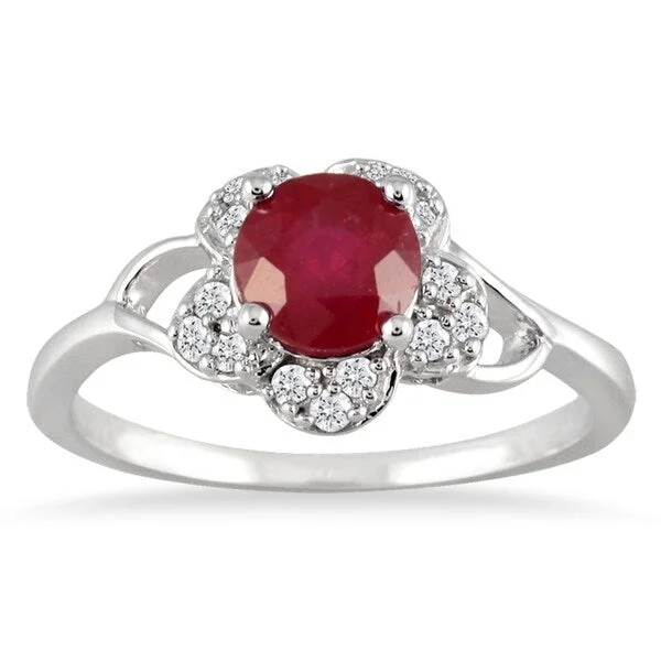 Women’s large gemstone ring-Ruby and Diamond Ring 10K White Gold