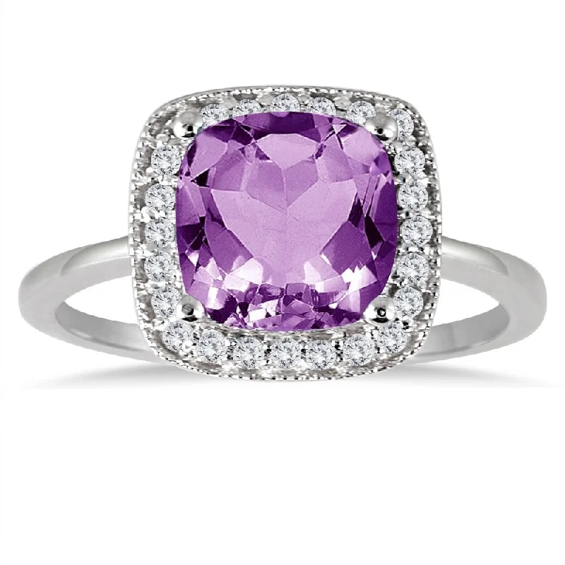 Women’s wedding ring-1.35 Carat Cushion Cut Amethyst and Diamond Ring in 14K White Gold