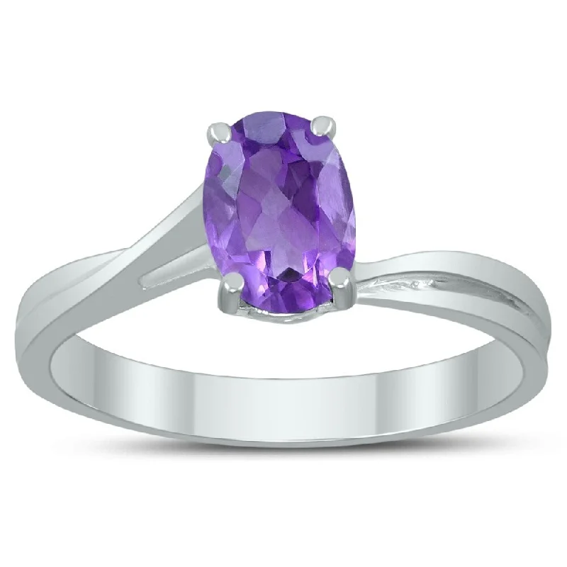 Women’s double band ring-Solitaire Oval 7X5MM Amethyst Gemstone Twist Ring in 10K White Gold