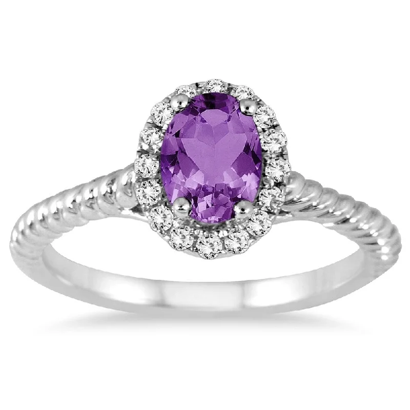 Women’s custom ring-1 Carat Amethyst and Diamond Halo Rope Ring in 10K White Gold