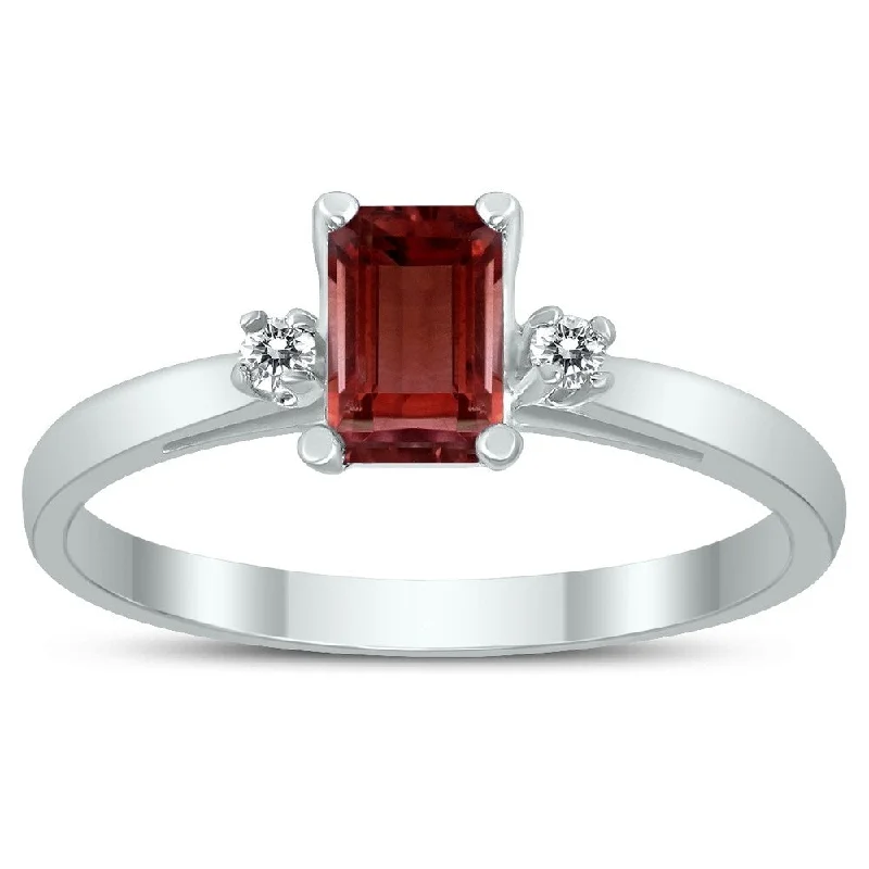 Women’s floral design ring-Emerald Cut 6X4MM Garnet and Diamond Three Stone Ring in 10K White Gold