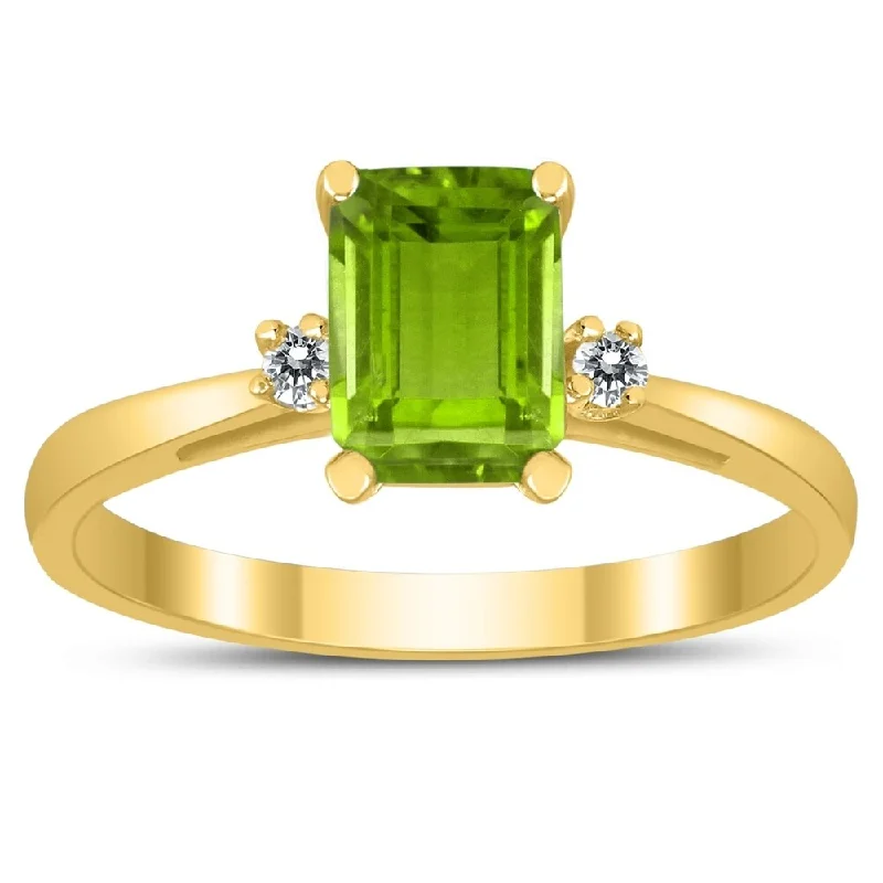 Women’s gemstone stacking ring-Emerald Cut 7X5MM Peridot and Diamond Three Stone Ring in 10K Yellow Gold