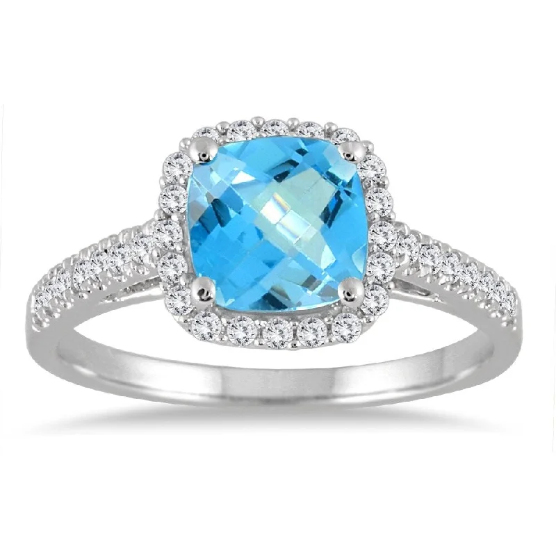 Women’s silver engagement ring-5MM Cushion Cut Blue Topaz and Diamond Halo Ring in 10K White Gold