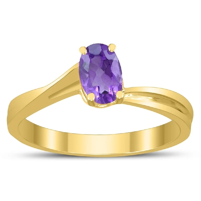 Women’s double ring-Solitaire Oval 6X4MM Amethyst Gemstone Twist Ring in 10K Yellow Gold