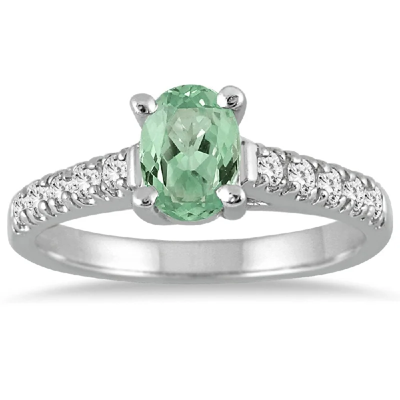 Women’s platinum ring-1 Carat Oval Green Amethyst and Diamond Ring in 14K White Gold