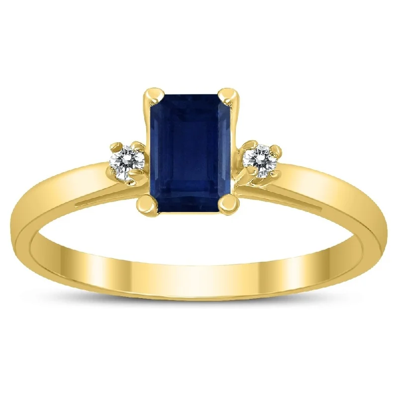 Women’s chunky ring-Emerald Cut 6X4MM Sapphire and Diamond Three Stone Ring in 10K Yellow Gold