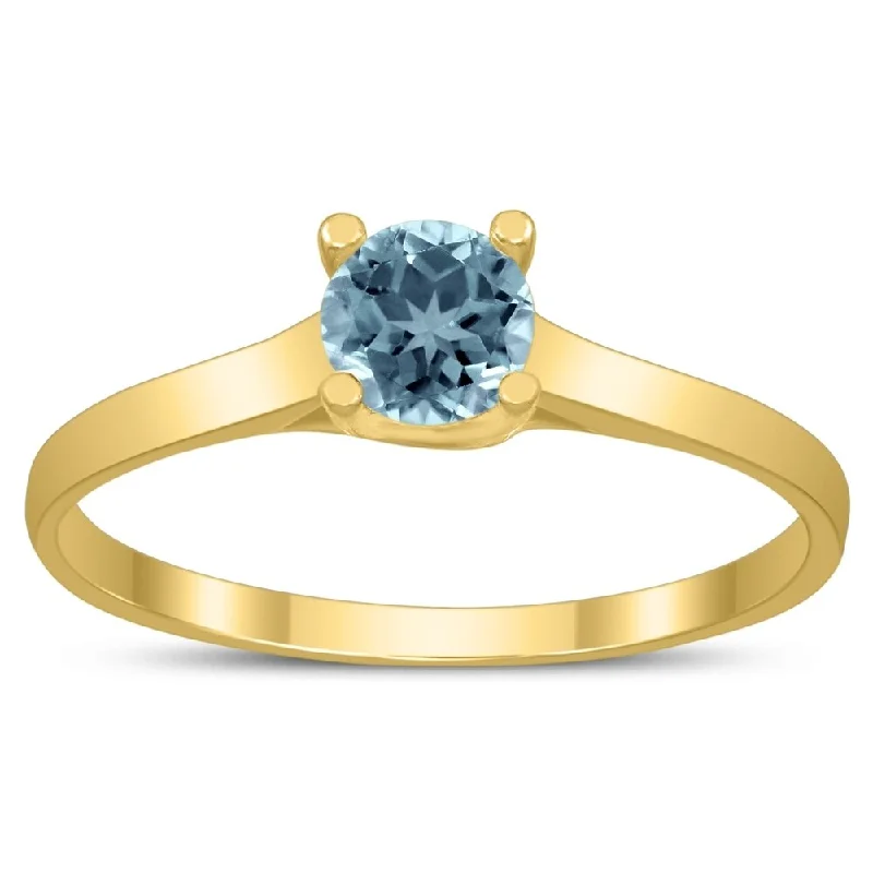 Women’s modern ring-Round 4MM Aquamarine Cathedral Solitaire Ring in 10K Yellow Gold