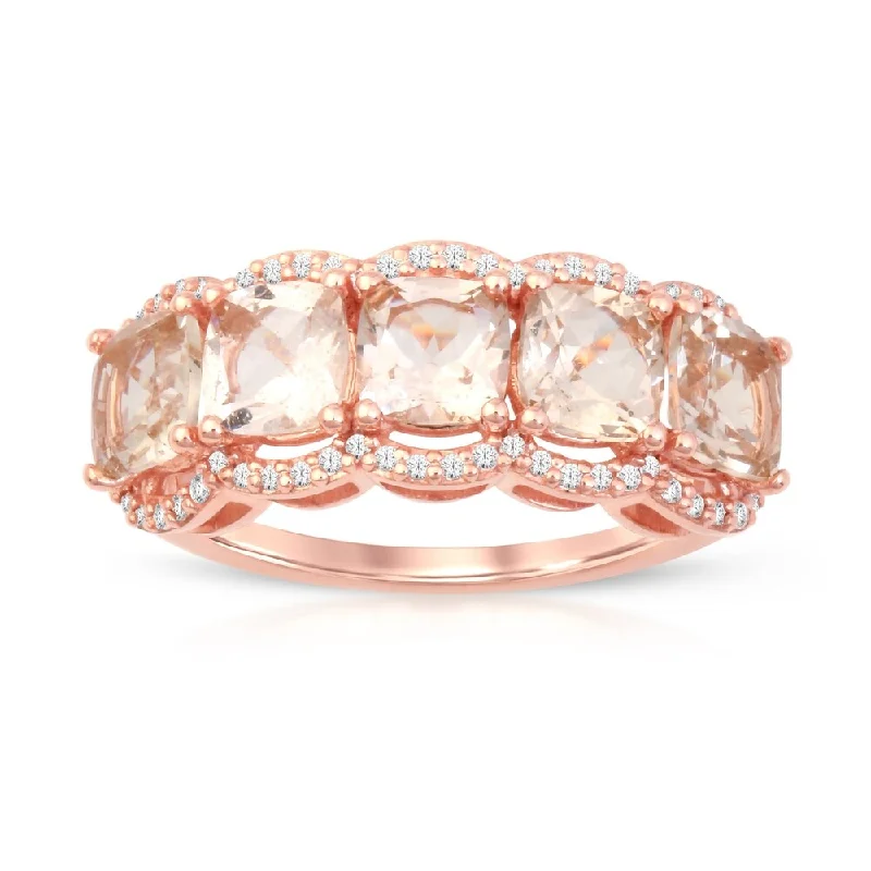 Women’s silver gemstone ring-Cushion Cut Morganite Gemstone 1/5ct TDW Diamond Ring in Rose Gold Plated Silver