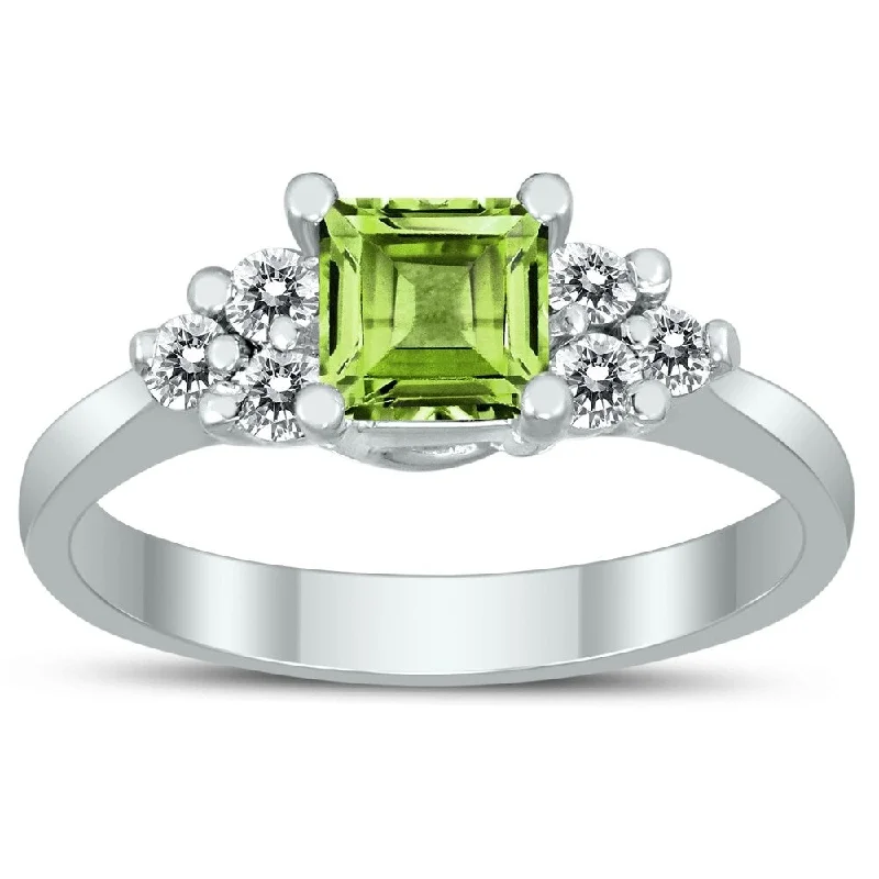 Women’s simple gold ring-Princess Cut 5X5MM Peridot and Diamond Duchess Ring in 10K White Gold