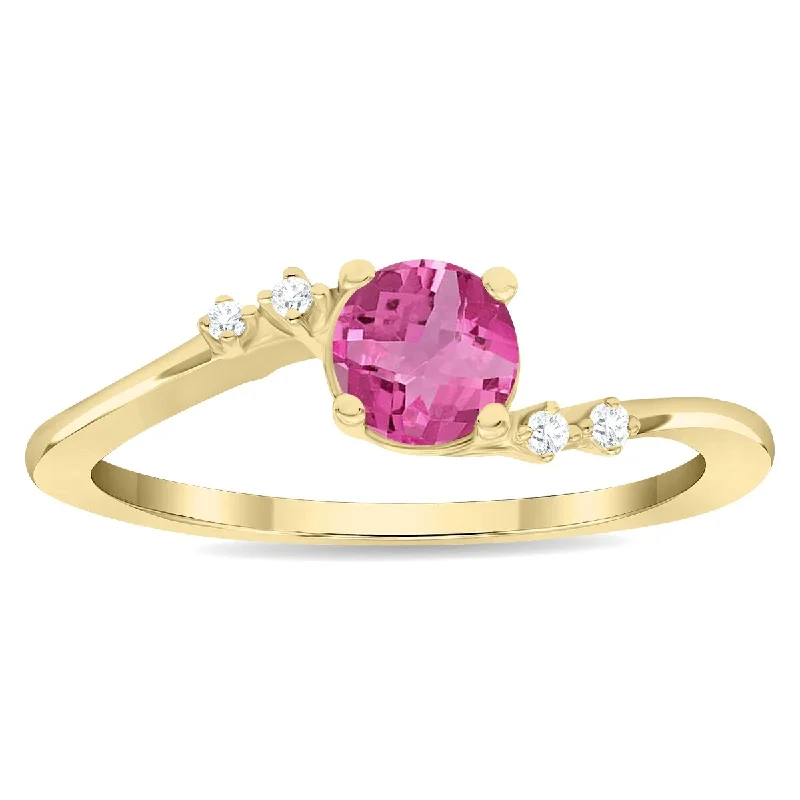 Women’s fashion ring-Women's Round Shaped Pink Topaz and Diamond Tierra Ring in 10K Yellow Gold