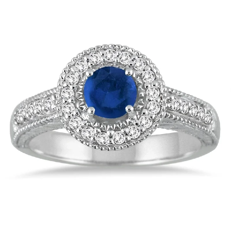 Women’s sapphire and diamond ring-Sapphire and Diamond Halo Ring in 10K White Gold