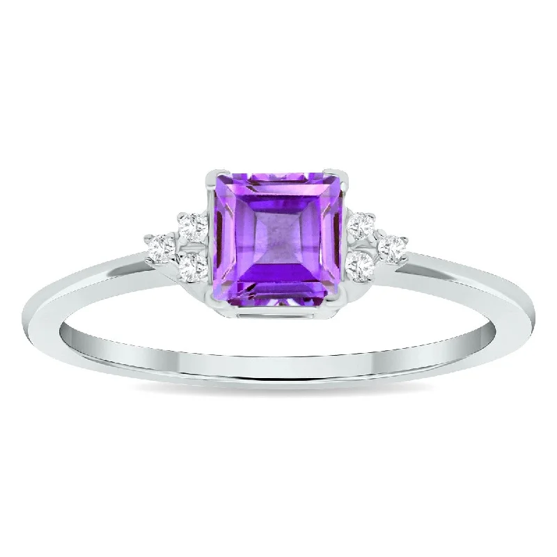 Women’s promise ring-Women's Princess Cut Amethyst and Diamond Half Moon Ring in 10K White Gold