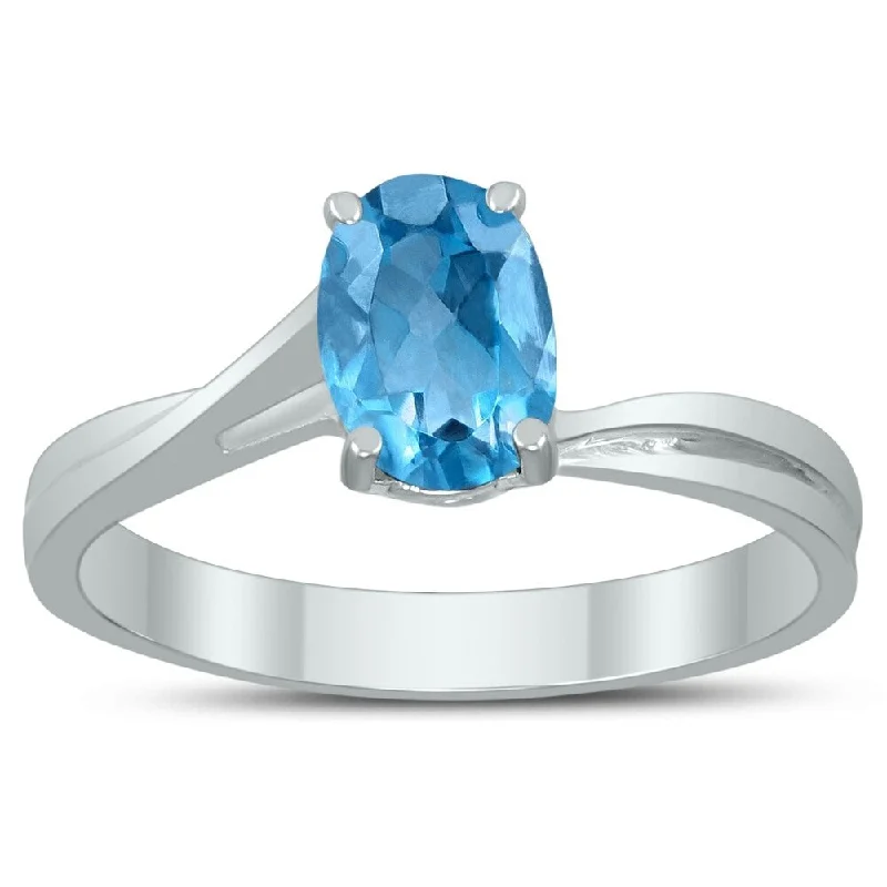 Women’s fancy ring-Solitaire Oval 7X5MM Blue Topaz Gemstone Twist Ring in 10K White Gold