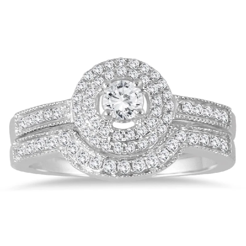 Women’s wedding set ring-Marquee Jewels 10k White Gold 1/2ct TDW Diamond Halo Bridal Ring Set