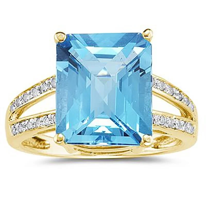 Women’s fashion statement ring-Emerald Cut Blue Topaz and Diamond Ring 10k Yellow Gold