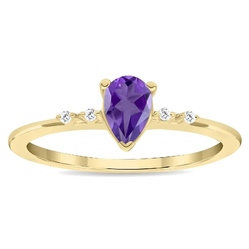 Women’s wedding band-Women's Pear Shaped Amethyst and Diamond Sparkle Ring in 10K Yellow Gold