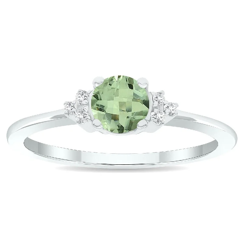 Women’s floral design ring-Women's Green Amethyst and Diamond Half Moon Ring in 10K White Gold