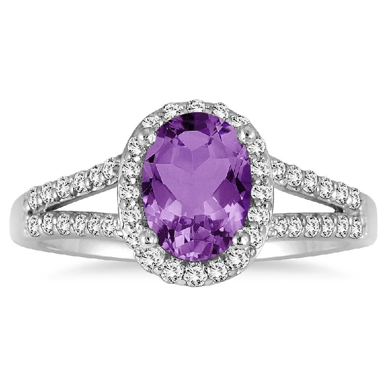 Women’s modern ring-1 1/4 Carat Oval Amethyst and Diamond Ring in 10K White Gold