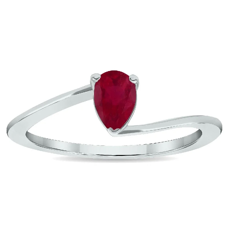 Women’s engagement set ring-Women's Solitaire Ruby Wave Ring in 10K White Gold