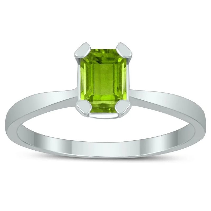 Women’s engraved ring-Emerald Shaped 6X4MM Peridot Solitaire Ring in 10K White Gold