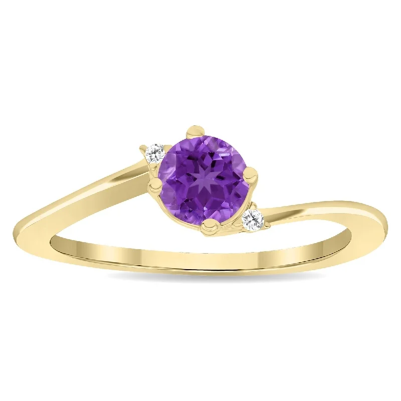 Women’s vintage diamond ring-Women's Round Shaped Amethyst and Diamond Wave Ring in 10K Yellow Gold