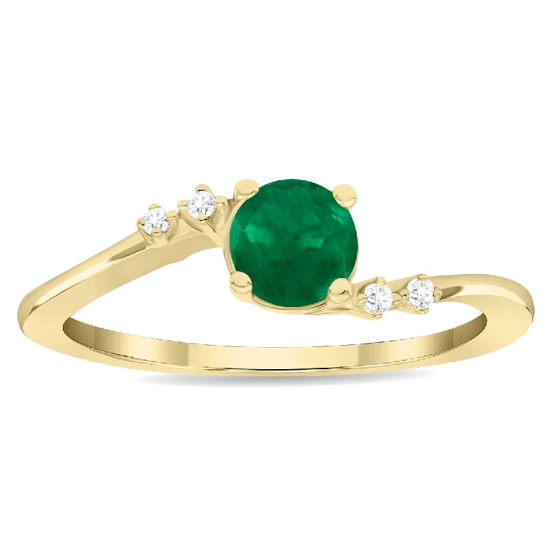 Women’s silver band ring-Women's Round Shaped Emerald and Diamond Tierra Ring in 10K Yellow Gold