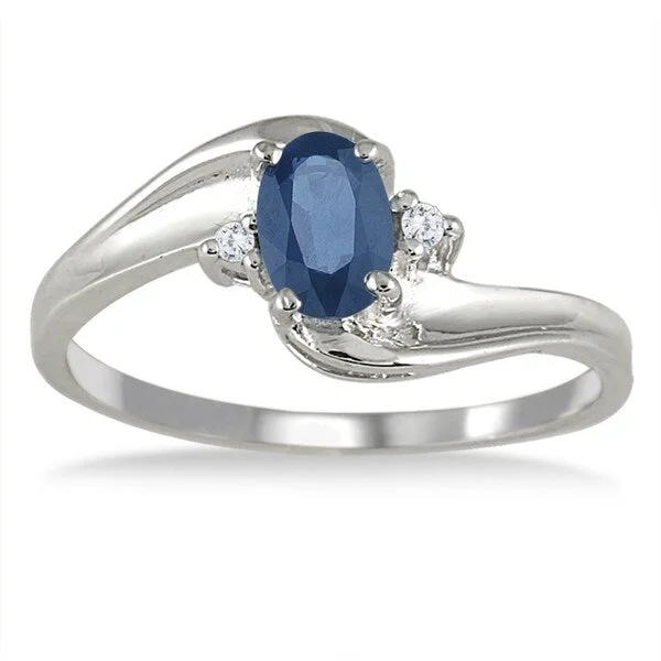 Women’s floral design ring-Sapphire Gemstone and Diamond Wave Ring 14k White Gold