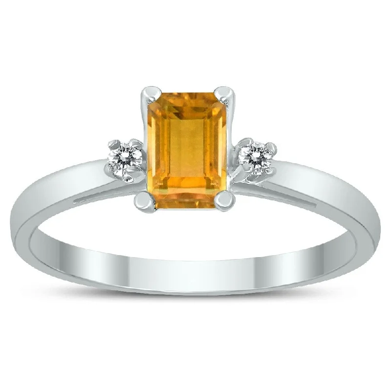 Women’s round diamond ring-Emerald Cut 6X4MM Citrine and Diamond Three Stone Ring in 10K White Gold