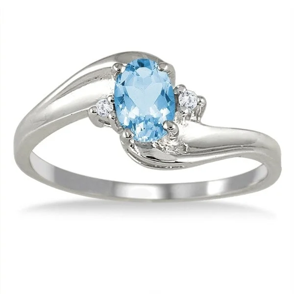 Women’s silver engagement ring-Blue Topaz Gemstone and Diamond Wave Ring 14k White Gold